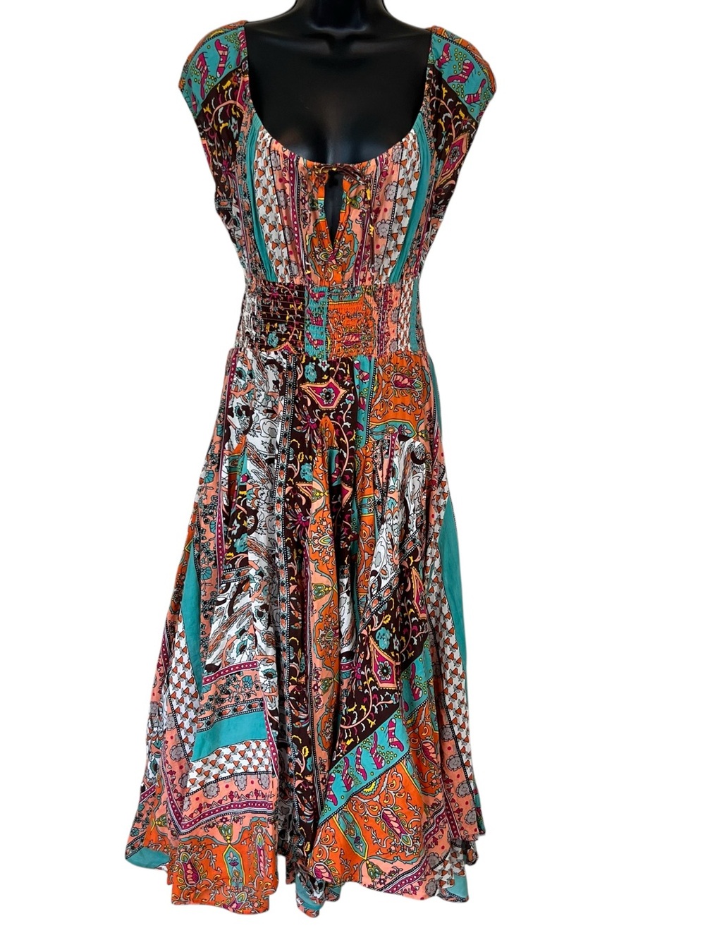 Chelsea & Theodore Sleeveless Patchwork Boho Midi Dress in Teal & Orange